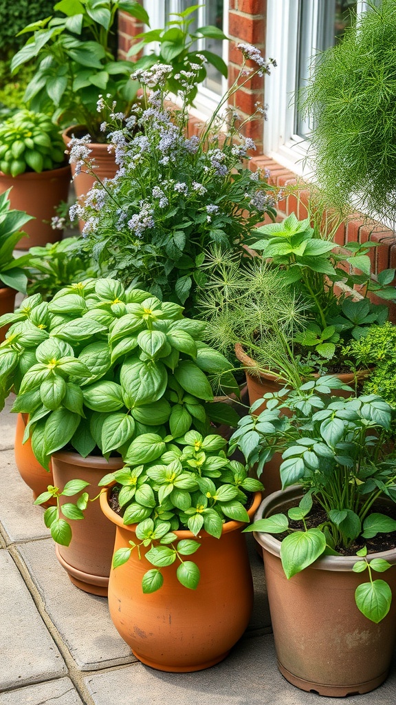 A lush patio herb garden featuring various herbs in terracotta pots.