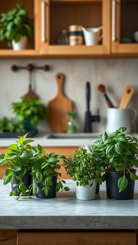 A collection of various culinary herbs in pots on a kitchen countertop.