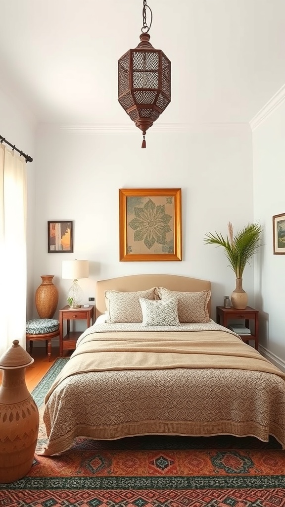 A cozy Moroccan-inspired bedroom featuring a lantern, patterned rug, and earthy tones.