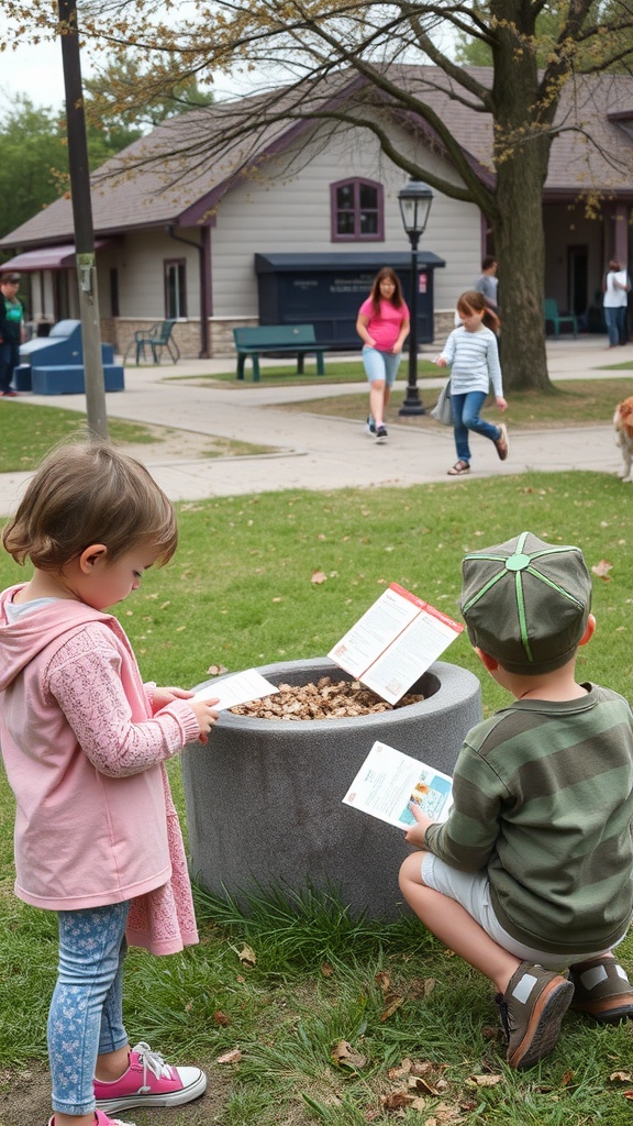 Children participating in a cultural artifact hunt outdoors.