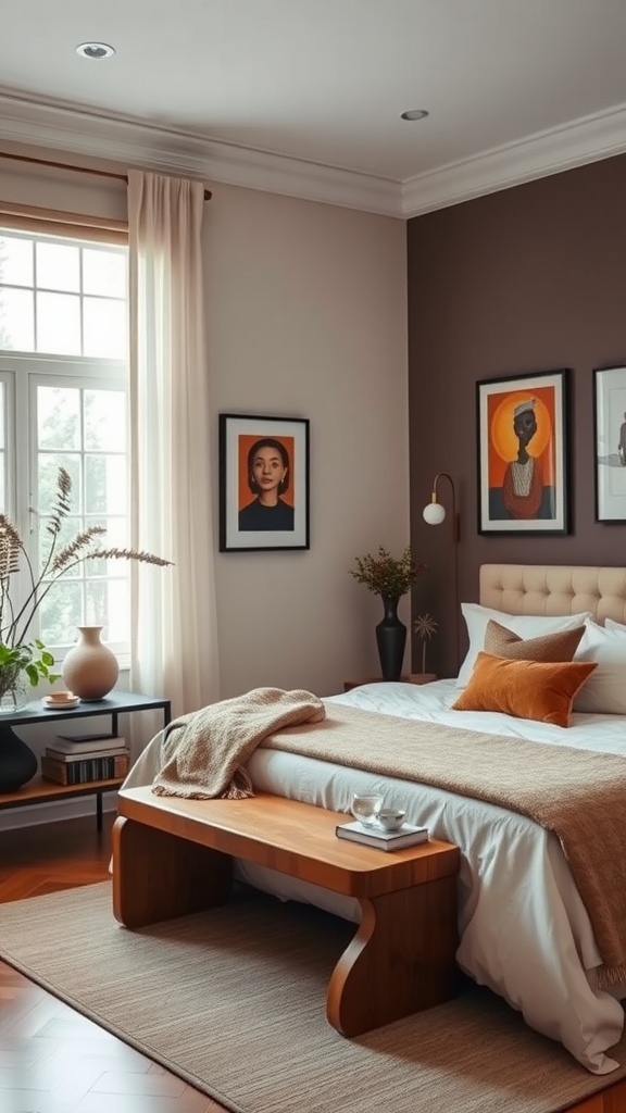 A modern Indian bedroom featuring cultural artifacts, artwork, cozy textiles, and plants.