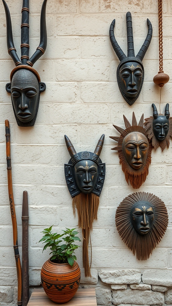 Wall displaying various cultural masks and a decorative pot with a plant.