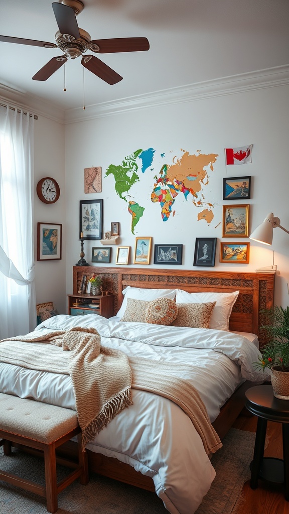 A cozy travel-themed bedroom with a world map on the wall and cultural artifacts displayed.