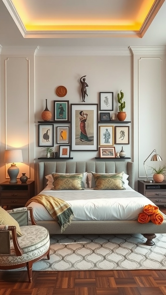 A bedroom featuring a wall art display with cultural artifacts, including framed pictures and decorative items.