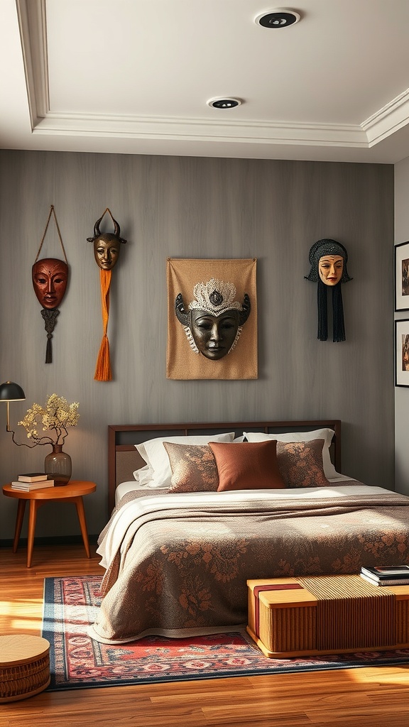 A cozy bedroom featuring cultural artifacts like masks and art pieces on the wall.