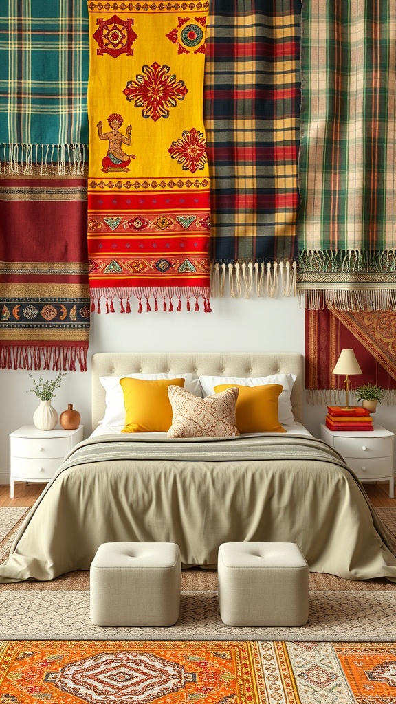 A cozy bedroom featuring colorful textiles on the wall, showcasing various patterns and colors.