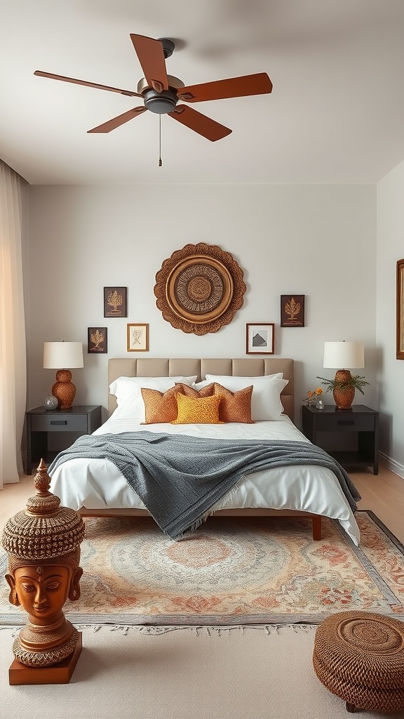 A modern Indian bedroom featuring cultural decorative accessories like a Buddha statue, intricate wall art, and vibrant textiles.
