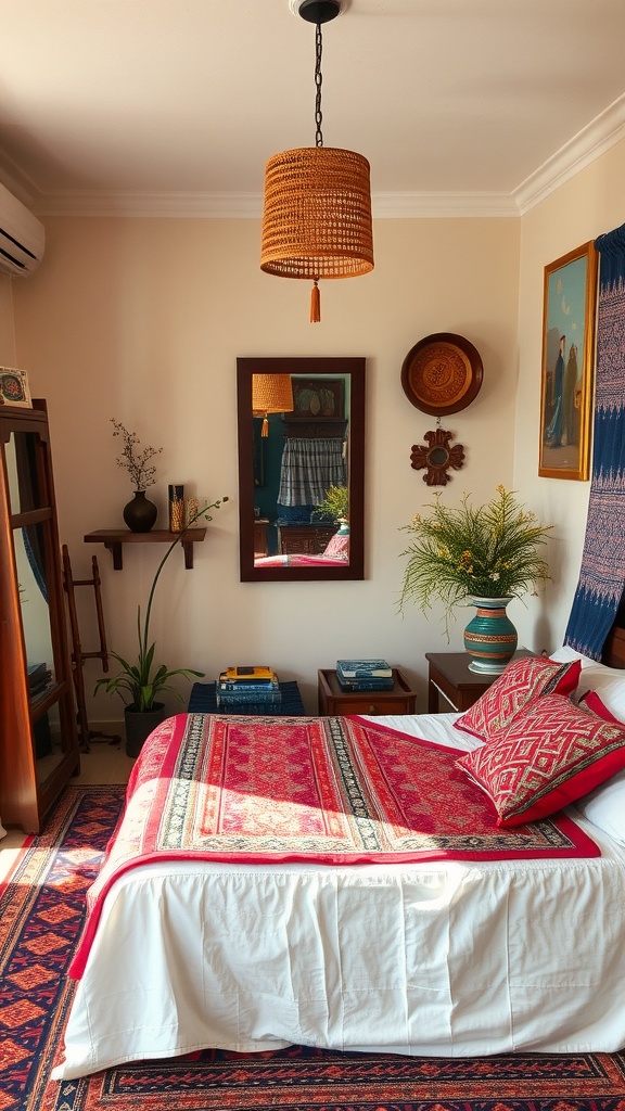 A cozy teen girl bedroom featuring a blend of cultural decor, vibrant bedding, and plants.