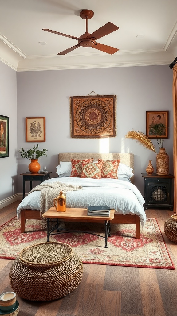 A cozy bedroom featuring cultural fusion decor with warm tones, intricate patterns, and diverse artwork.