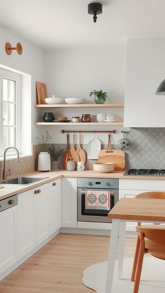 A stylish Japandi kitchen with open shelving, wooden accents, and neutral colors, showcasing a blend of Japanese and Scandinavian design.