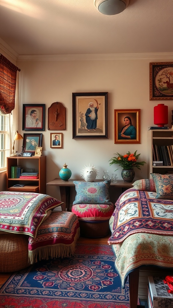 A cozy teen bedroom decorated with cultural heritage elements, featuring vibrant rugs, cushions, and framed artworks.