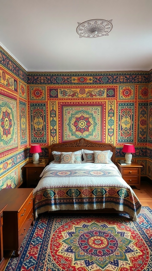 A bedroom featuring vibrant cultural heritage patterns on the walls and bedding.