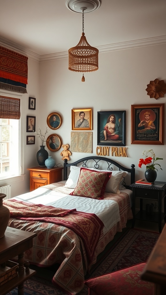 A cozy bedroom featuring cultural decor, including framed portraits and rich textiles.