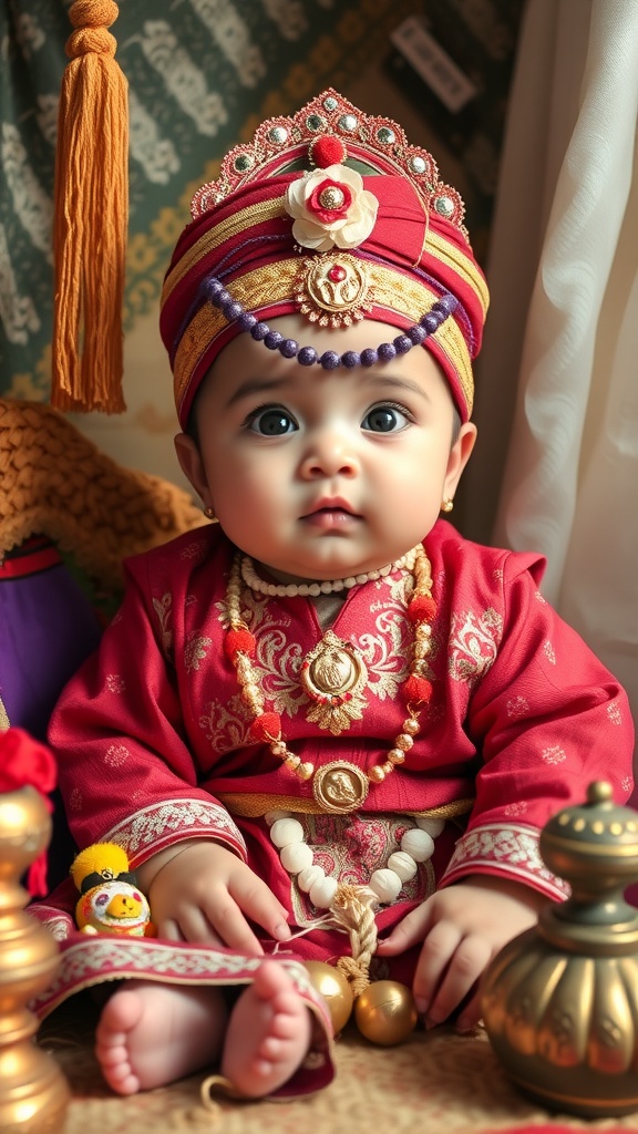 A baby dressed in vibrant traditional attire, showcasing cultural heritage.