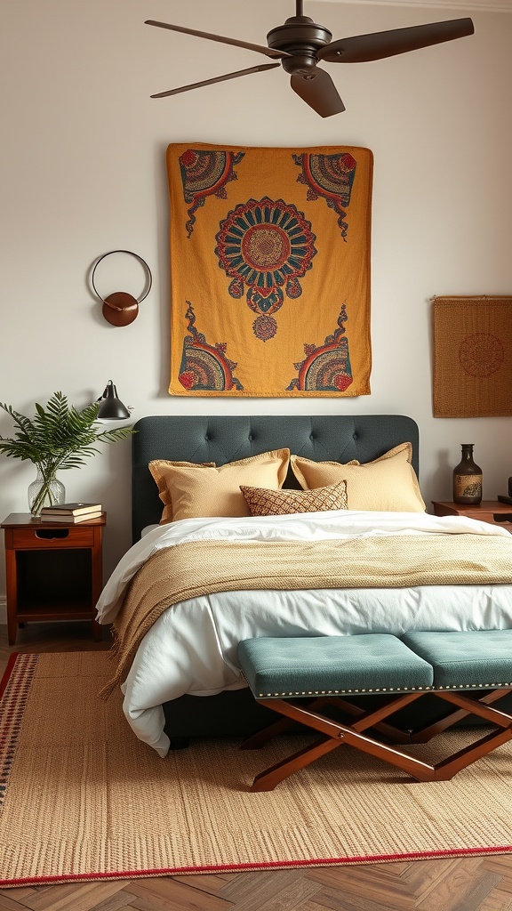 A cozy bedroom featuring a stylish bed with decorative pillows, a vibrant wall hanging, and a modern bench.