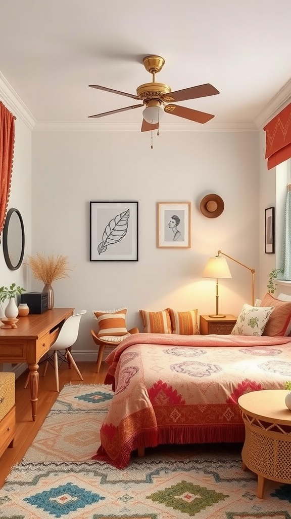 A cozy tween girl's bedroom featuring warm colors, bohemian patterns, and artistic decor.
