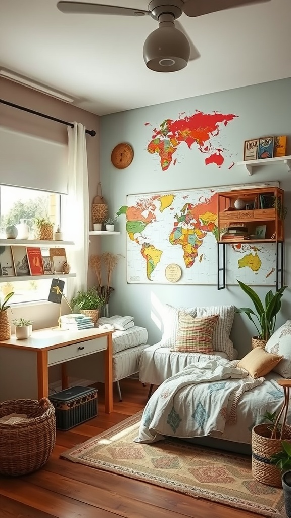 A cozy kids' bedroom featuring a world map on the wall, plants, a comfy bed, and a study area.