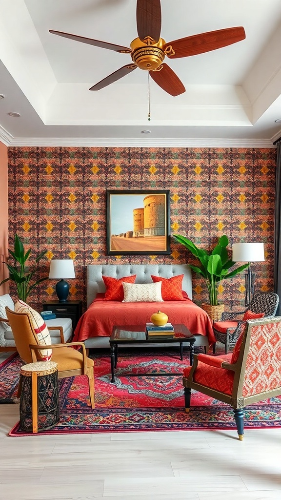 A beautifully decorated room featuring a patterned wall, colorful furniture, and a cozy atmosphere.