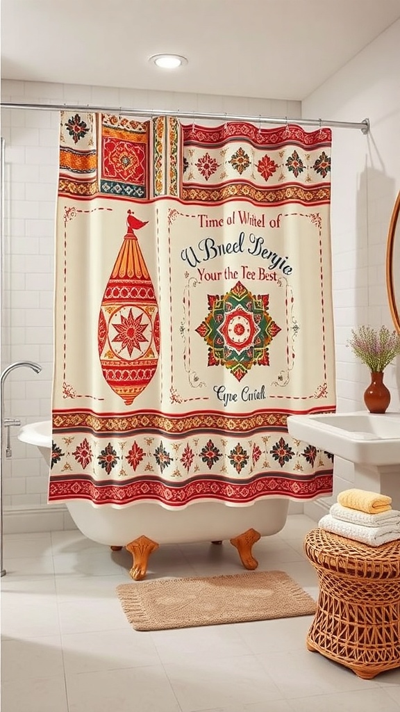 A shower curtain with vibrant cultural patterns and designs in a bathroom setting.