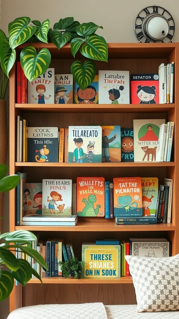 A colorful children's bookshelf displaying a variety of books with diverse characters and themes.