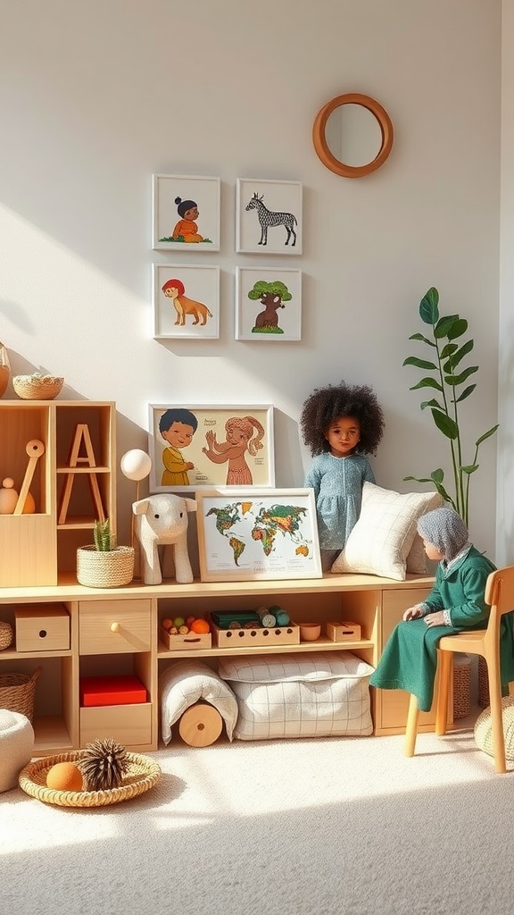 A Montessori toddler room with cultural learning materials, featuring diverse children's artwork and a world map.