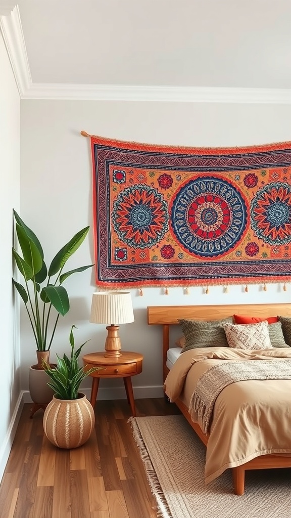 A colorful cultural tapestry hanging on a wall above a bed in a cozy bedroom setting.