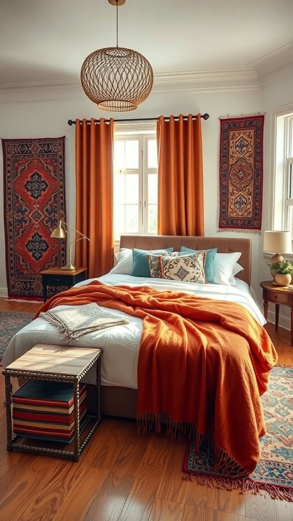 A cozy bedroom featuring cultural textile accents, including orange curtains, a vibrant blanket, and patterned wall hangings.