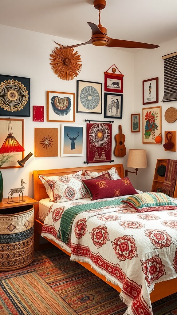 A stylish teen bedroom featuring cultural artwork and cozy textiles.
