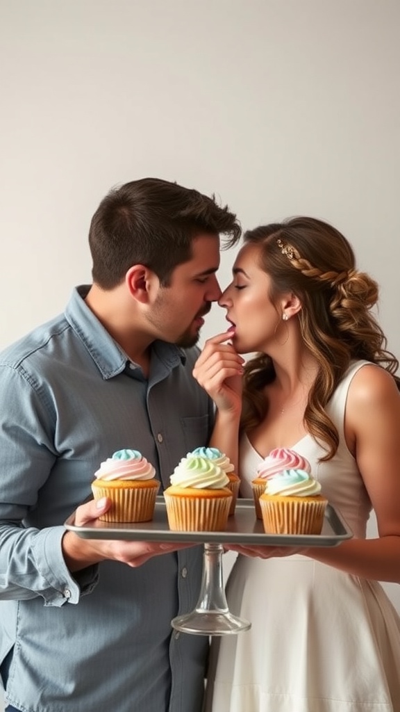 A couple holding a tray of colorful cupcakes, ready to reveal their baby's gender.