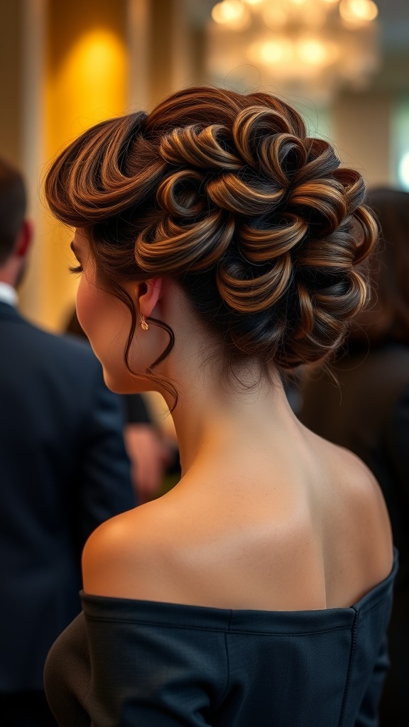 A woman with a curled updo hairstyle, featuring elegant curls pinned up, showcasing a romantic yet professional style.
