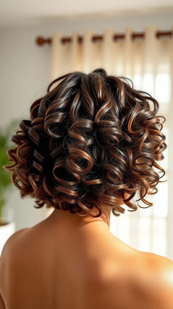A beautiful curly bob hairstyle showcasing defined curls and warm highlights.