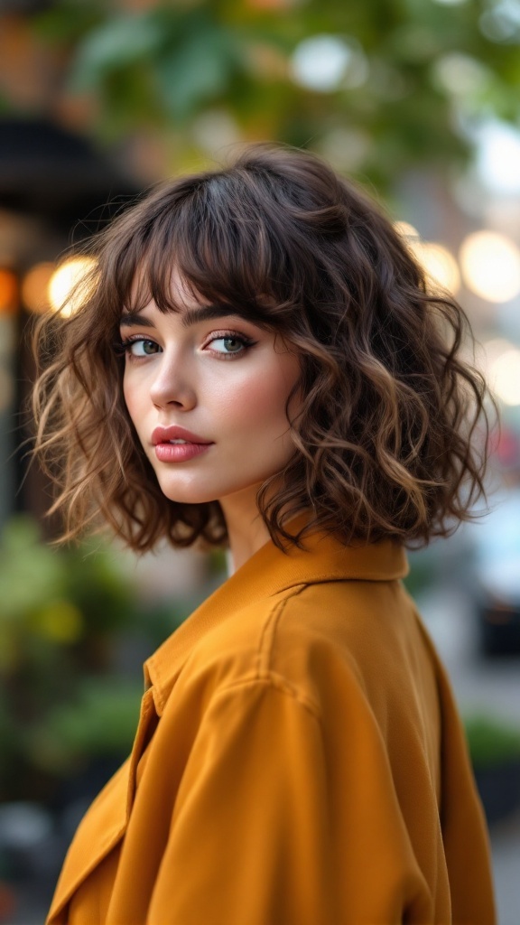 A woman with a curly bob hairstyle and bangs, wearing a mustard-colored coat.