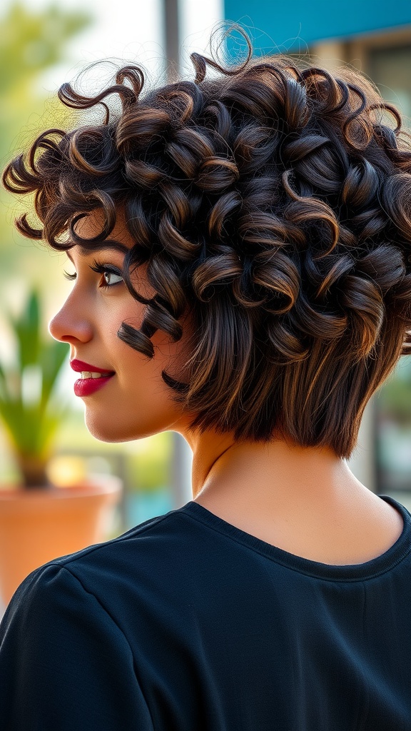 A woman with a curly bob hairstyle featuring face-framing layers, showcasing rich dark curls and a casual look.