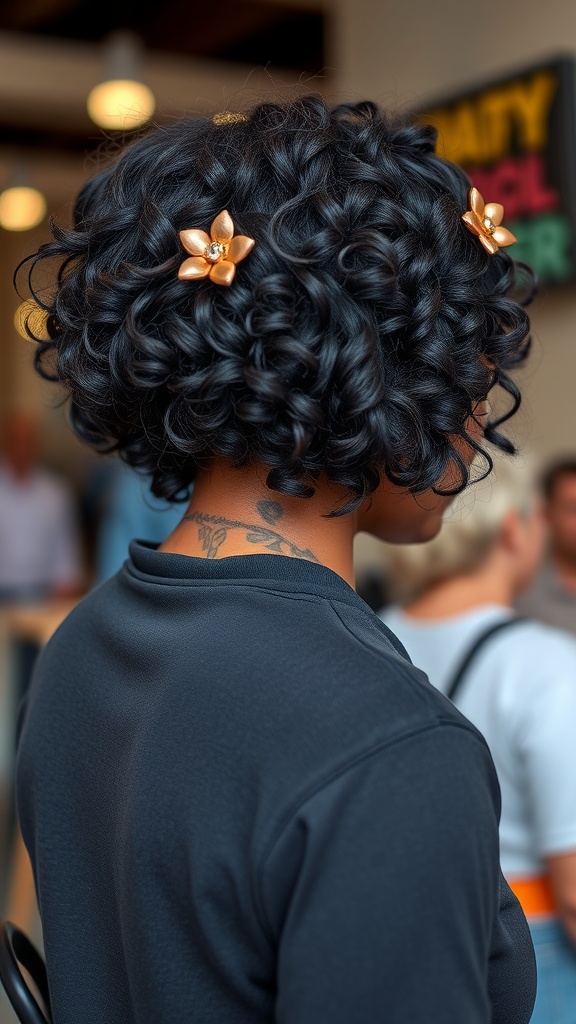 A woman with a short curly bob hairstyle decorated with floral hair clips.