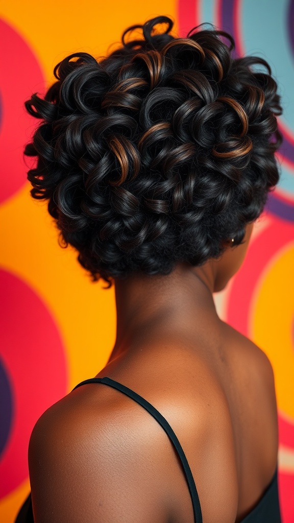 A woman with a curly bob hairstyle featuring highlights, showcasing a stylish and playful look.