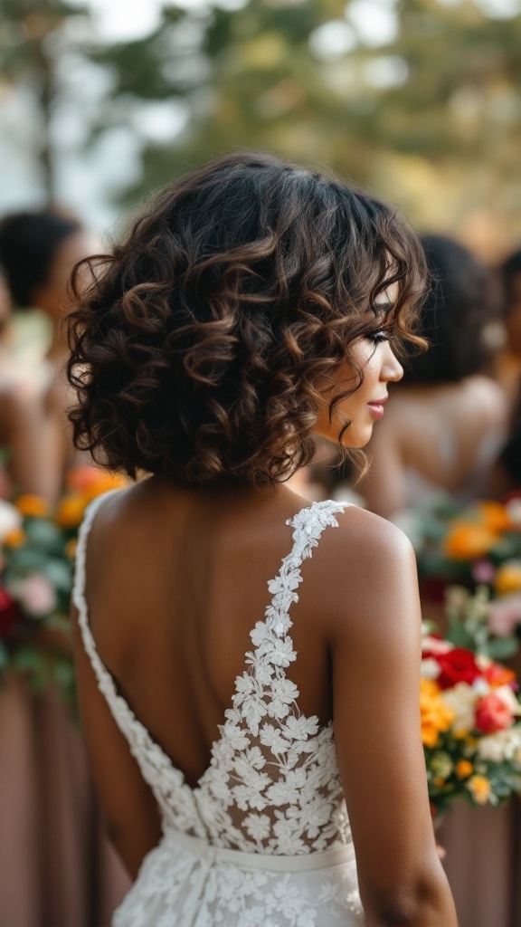 A bridesmaid with a curly bob hairstyle, showcasing volume and elegance