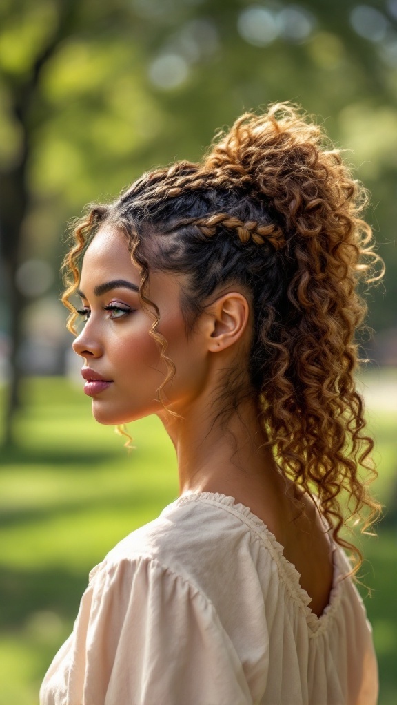 A woman showcasing a curly braid ponytail hairstyle.