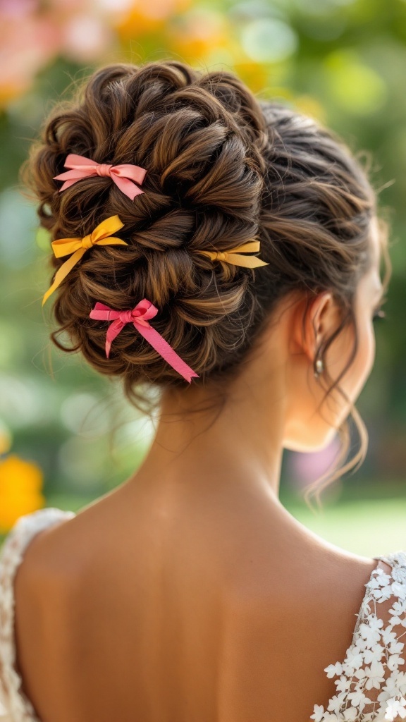A curly bun hairstyle adorned with pink and yellow ribbons, viewed from the back.