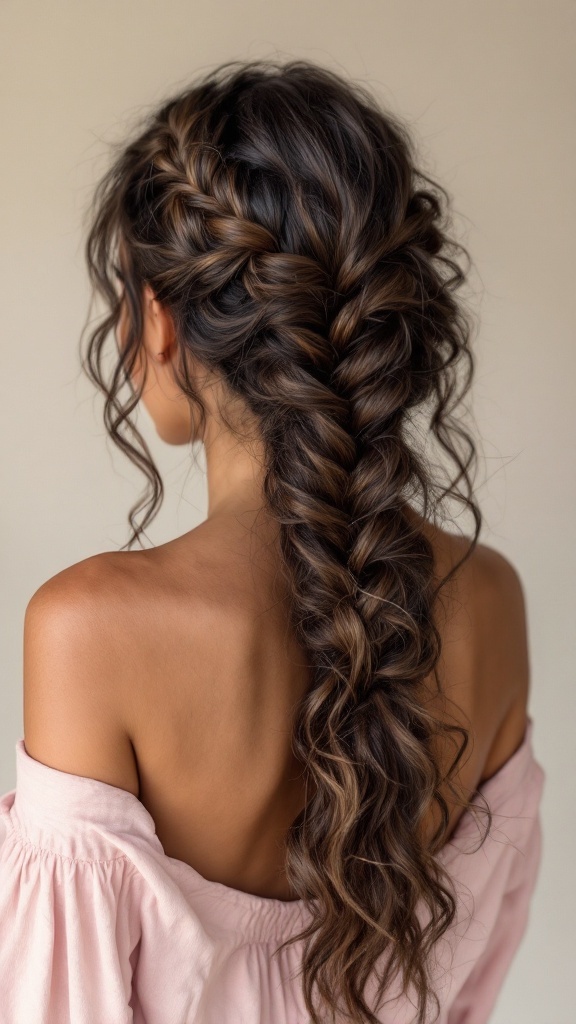 A woman with long curly hair styled in a fishtail braid, showcasing the intricate weaving of curls.
