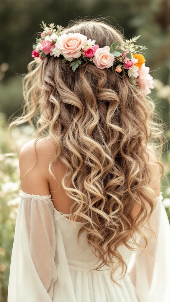 A woman with long curly hair wearing a floral crown