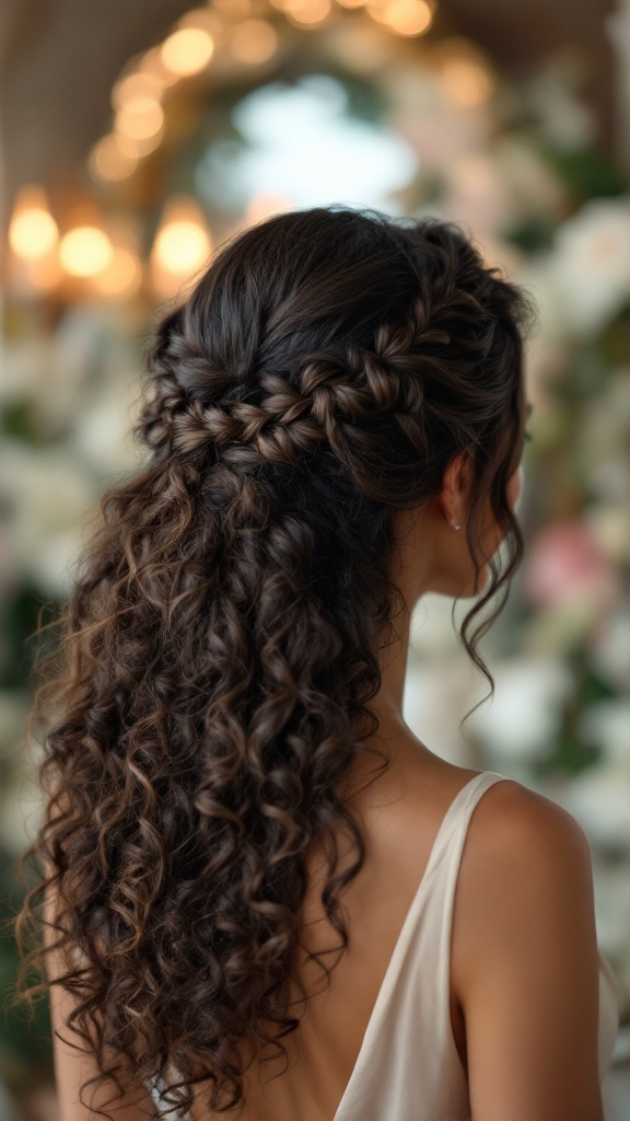 A woman with curly hair styled with a side braid accent, showcasing elegance and charm.