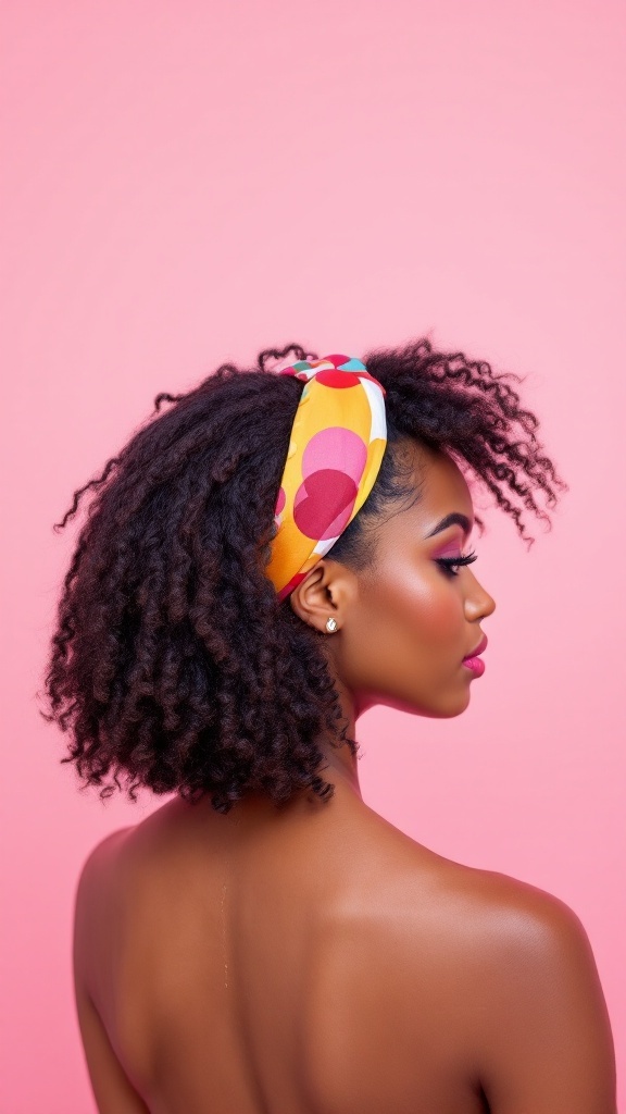 A woman with short curly hair wearing a colorful headband against a pink background.