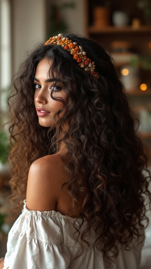 A woman with curly hair styled with a floral headband, showcasing a boho hairstyle.