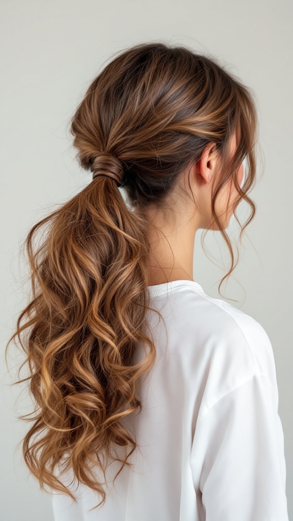 A woman with long, curly hair styled in a ponytail, featuring beautiful highlights.