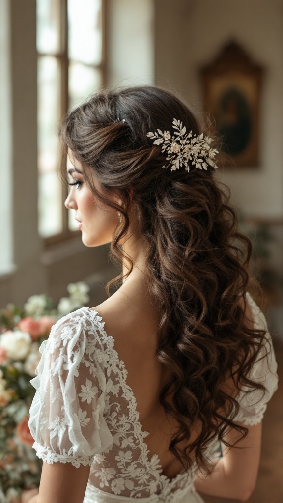 Bride with curly hair styled with a vintage hair comb
