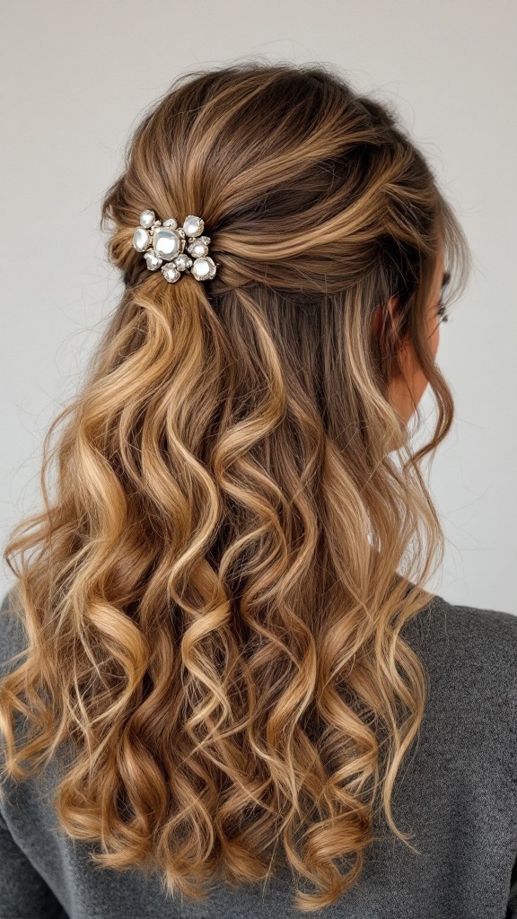 A woman with curly hair styled in a half up half down look, secured with a decorative clip.