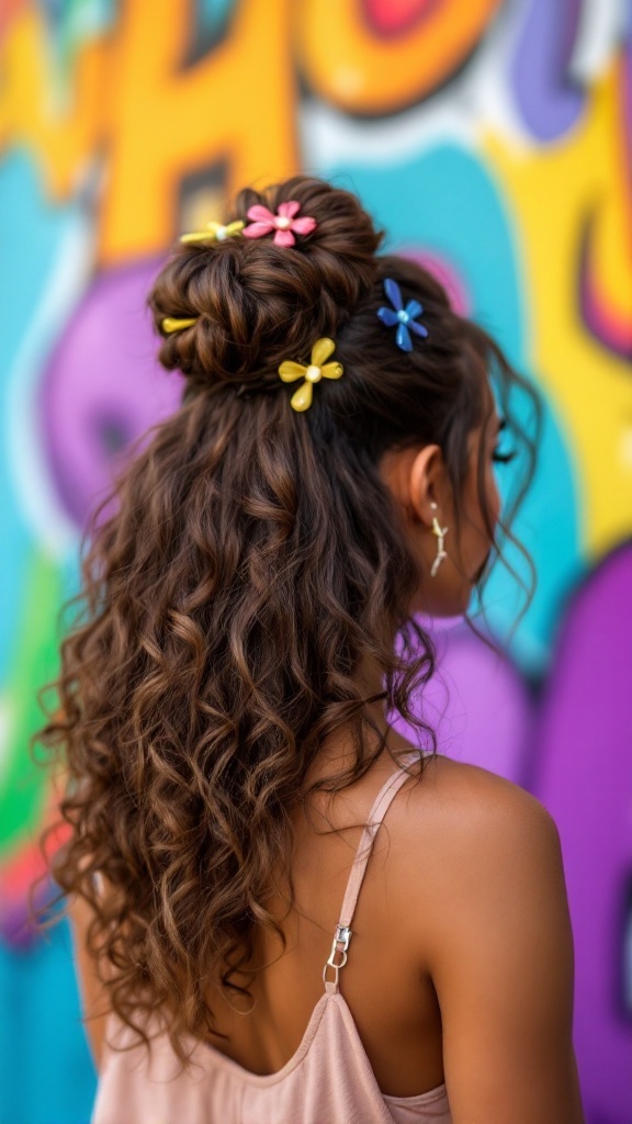 A young woman with curly hair styled in a half-up half-down hairstyle, adorned with colorful butterfly hair clips.
