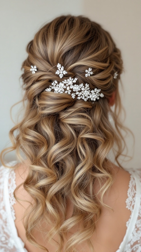 Curly half updo hairstyle with rhinestones placed in the hair