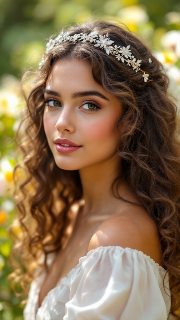 A young girl with curly hair wearing a sparkling headband, set against a background of flowers.