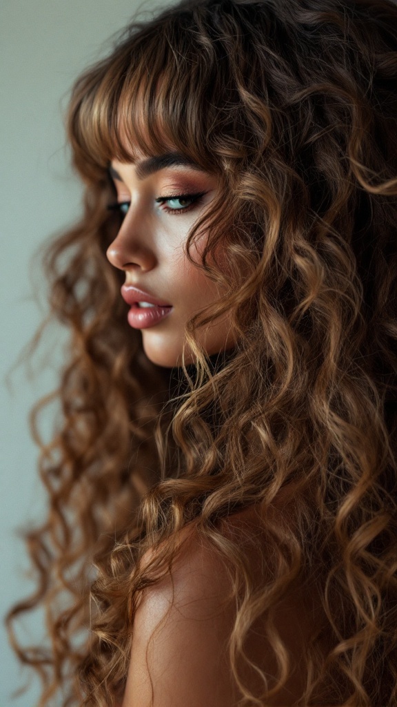 Woman with long curly hair and a dramatic fringe